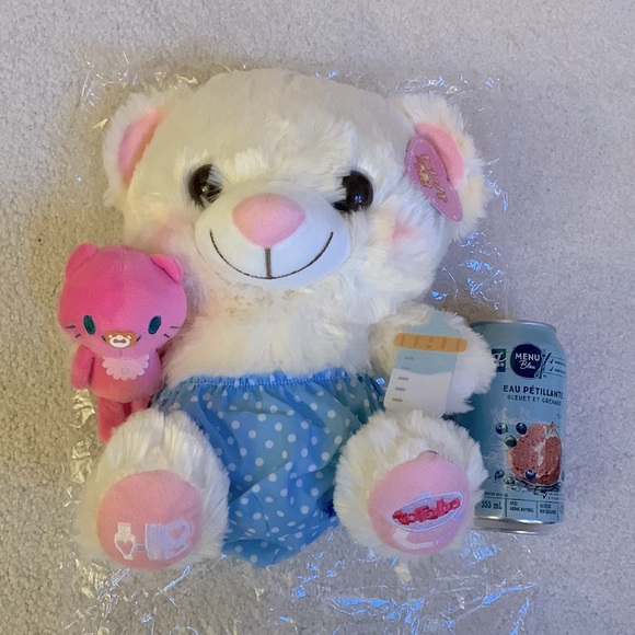 BABY TEDDY BEAR WITH DIAPER AND BOTTLE HOLDING A CAT [NWT - From Japan] - Picture 2 of 4